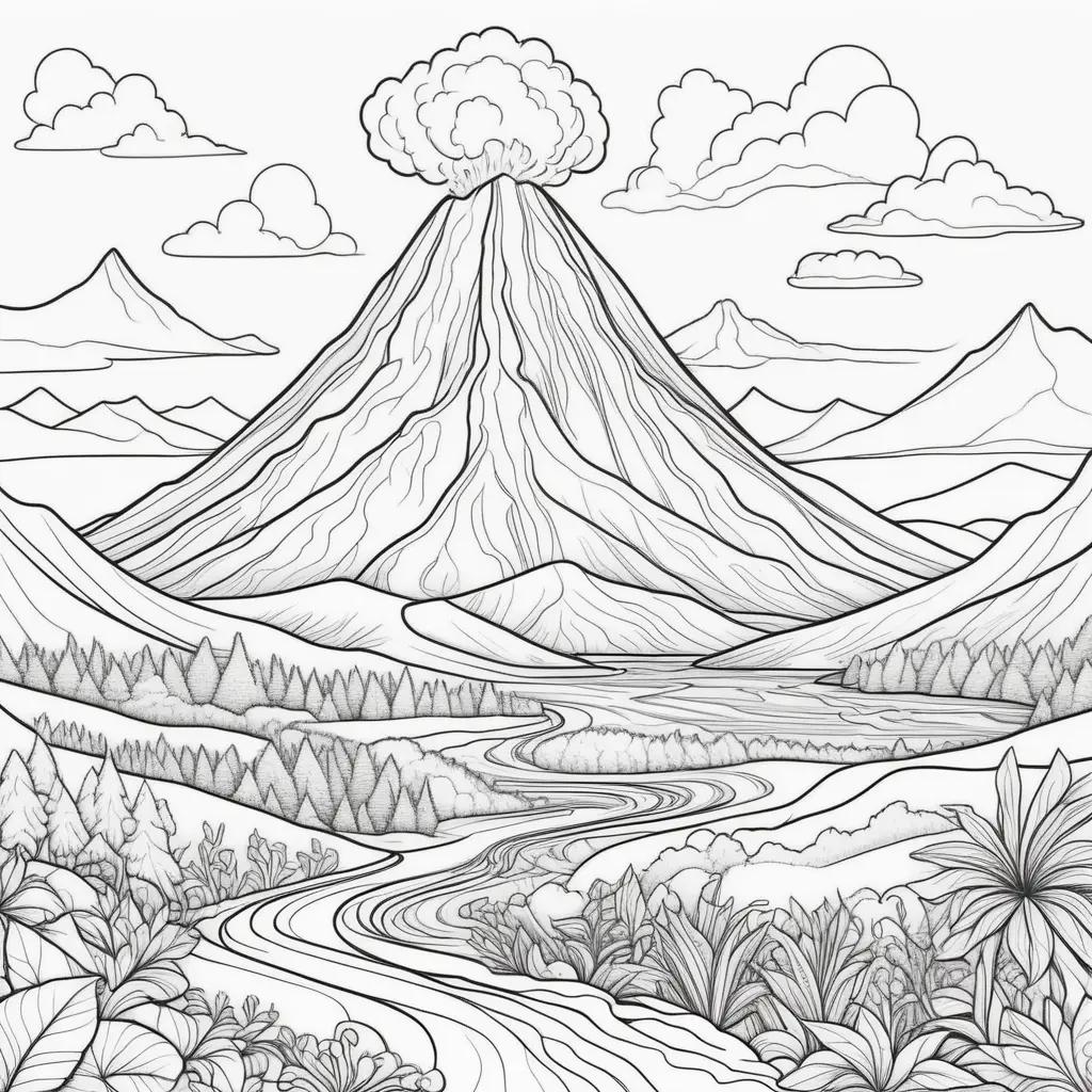 black and white volcano coloring page with trees and a river