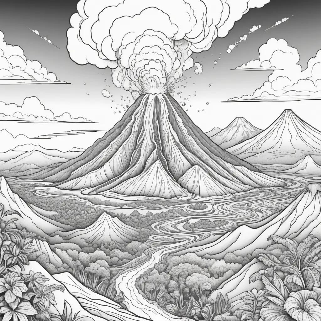 白い雲と黒と白の火山