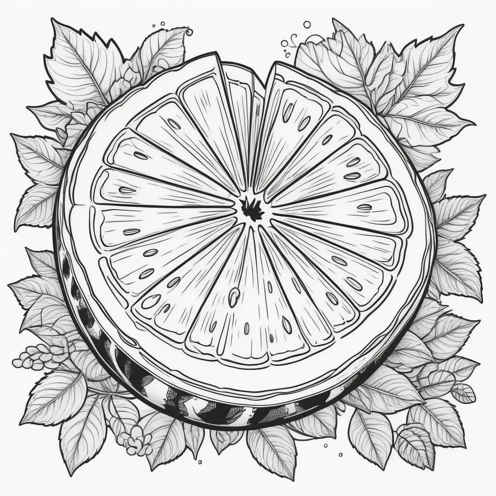 black and white watermelon coloring page with leaves