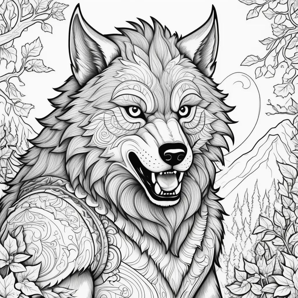 black and white werewolf coloring page with intricate details