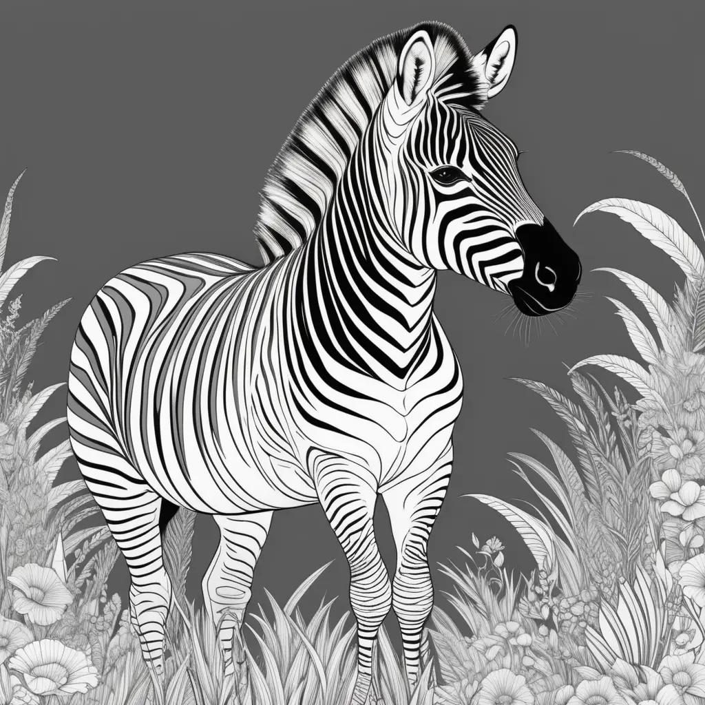 black and white zebra coloring page with flowers in the background