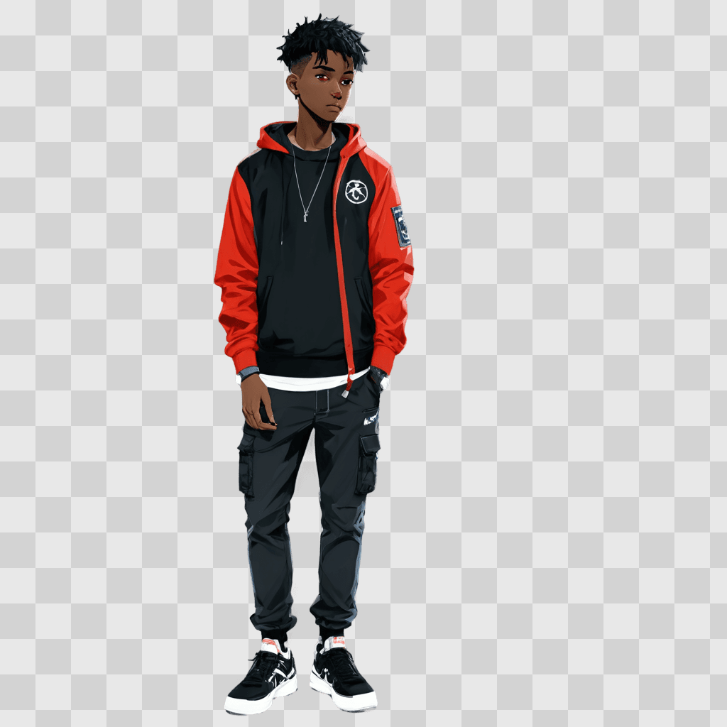 black anime boy A cartoon man in a red hoodie and black pants