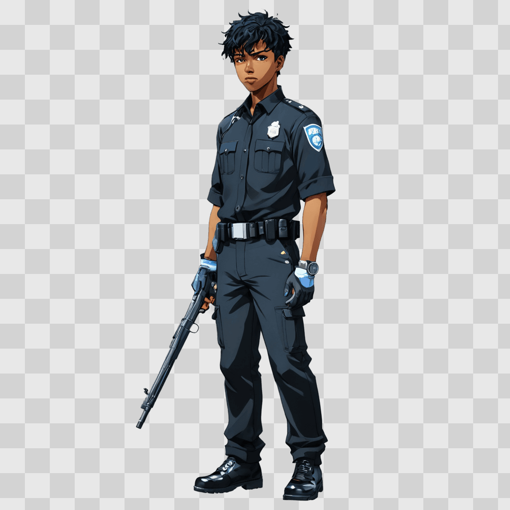 black anime boy A police officer in a black uniform and gloves