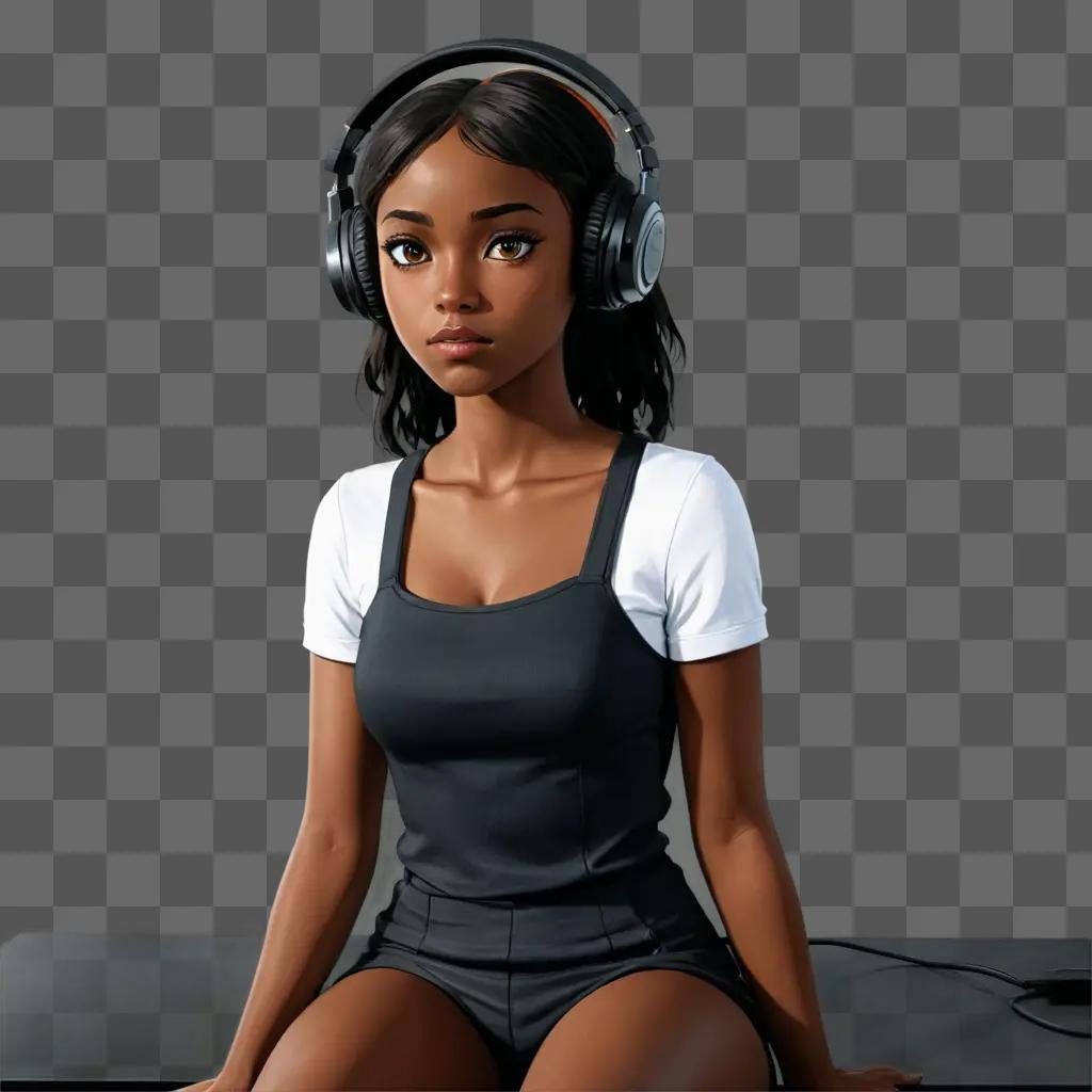 black anime girl A girl in a black outfit with headphones on her head