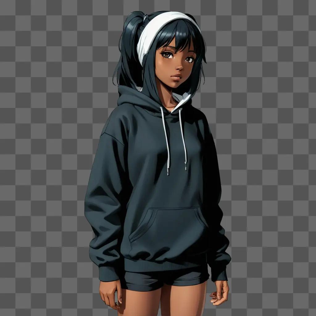 black anime girl A girl in a hoodie and shorts stands in the dark