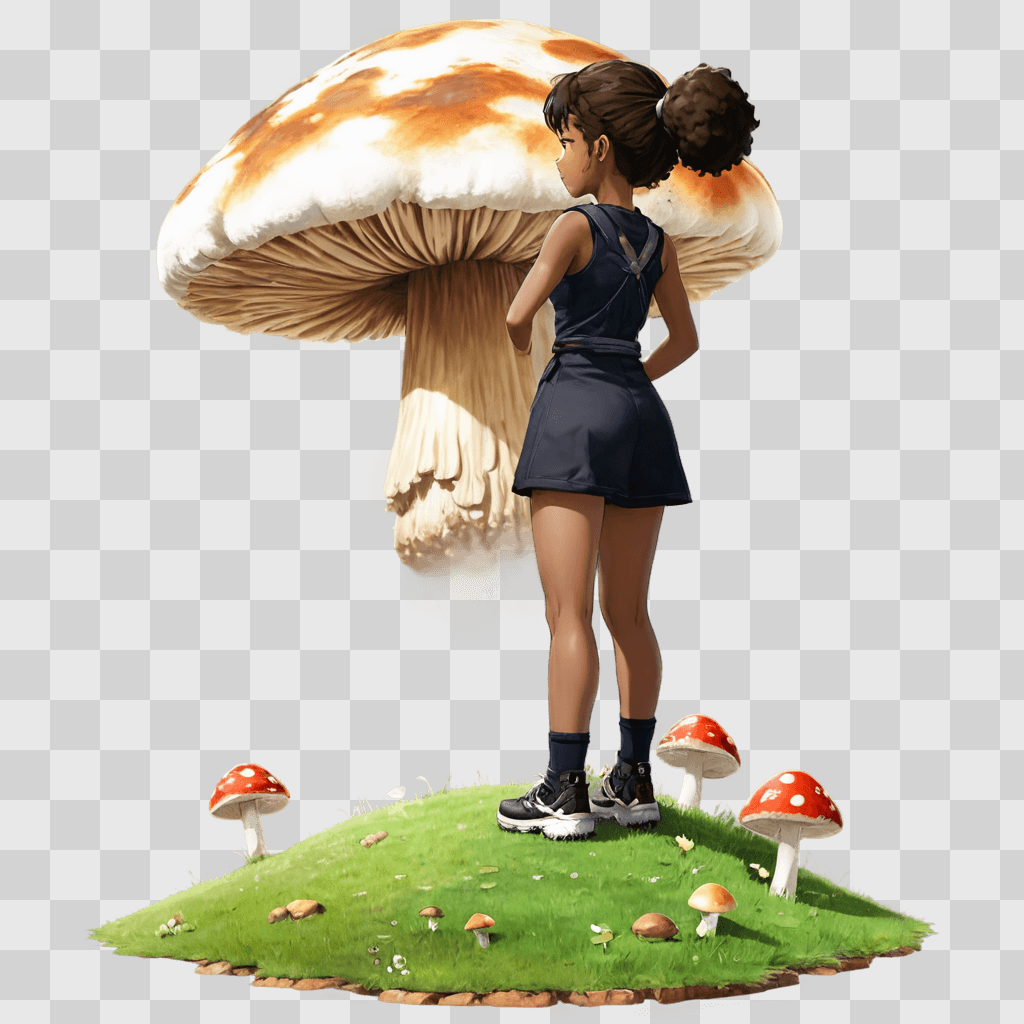 black anime girl A girl stands before a mushroom in a green grassy field