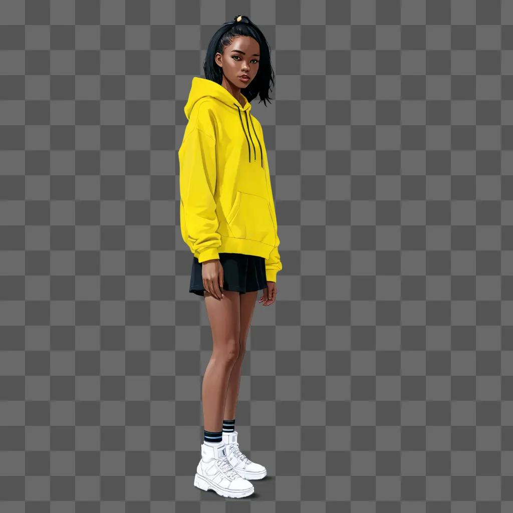 black anime girl A girl wearing a yellow hoodie and white sneakers