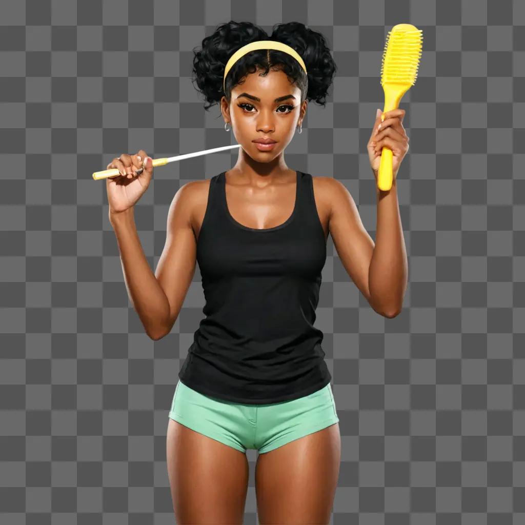 black anime girl A girl with a yellow hairbrush stands next to a yellow comb