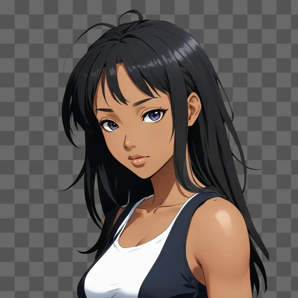 black anime girl A girl with long black hair wearing a tank top