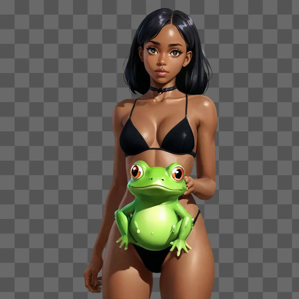 black anime girl A young girl in a bikini holds a frog toy