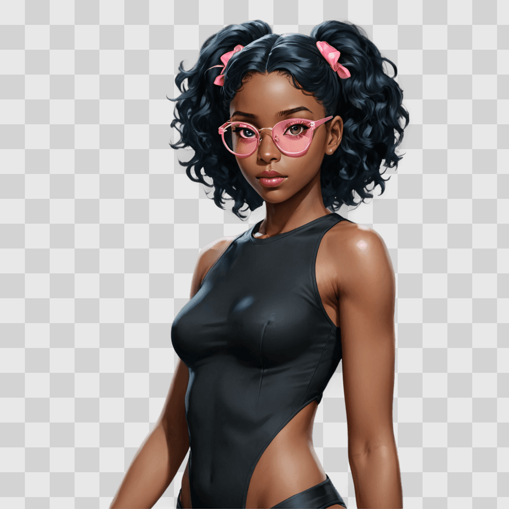 black anime girl A young woman in black with pink bows and glasses