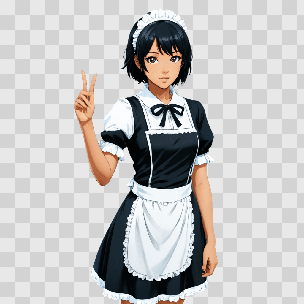 black anime girl An anime girl in a maid uniform makes a peace sign