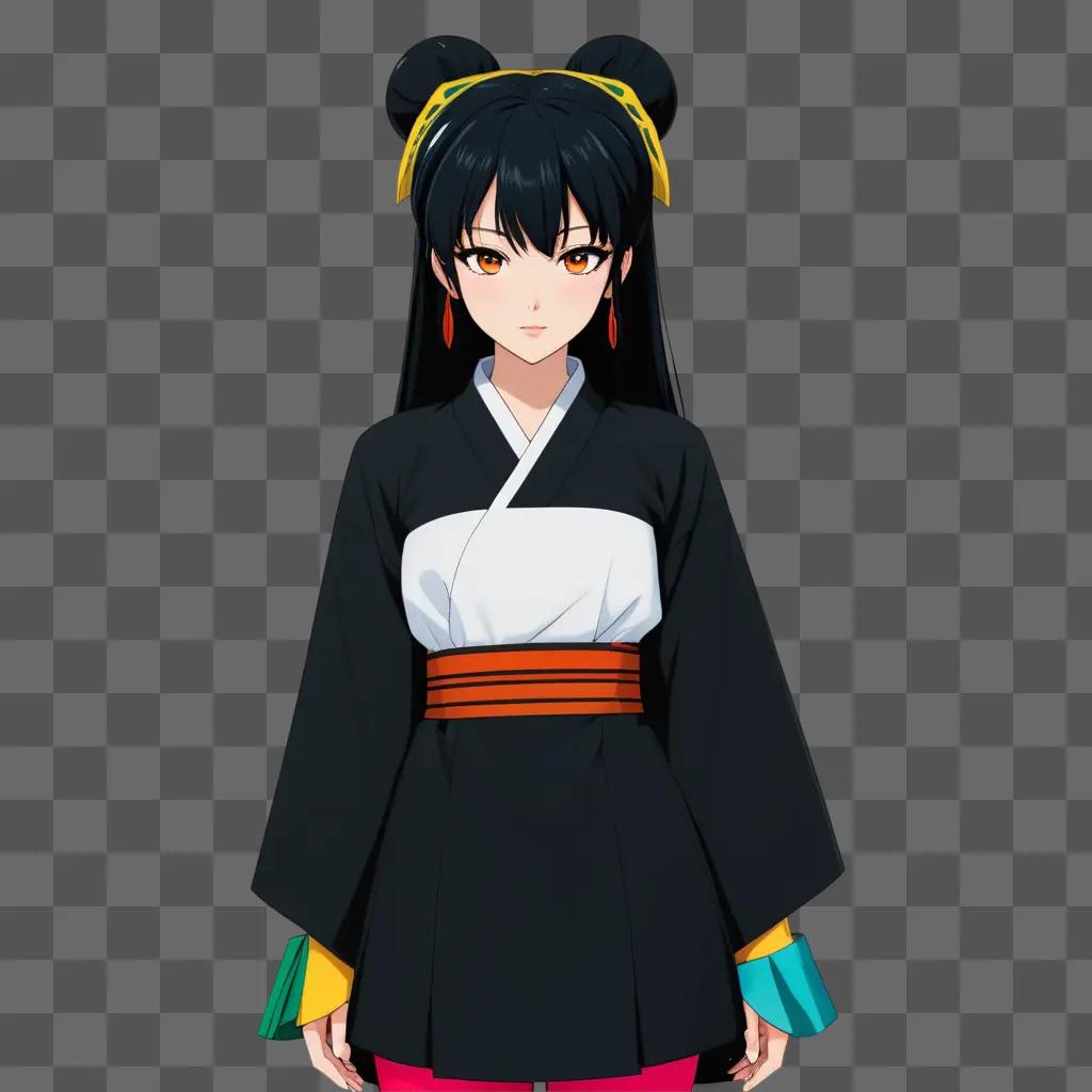 black anime girl stands in a black kimono