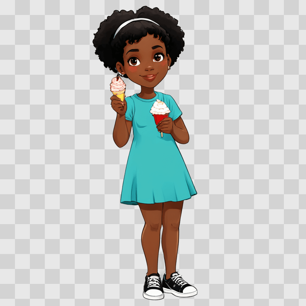 black cartoon girl A girl in a blue dress holds an ice cream cone