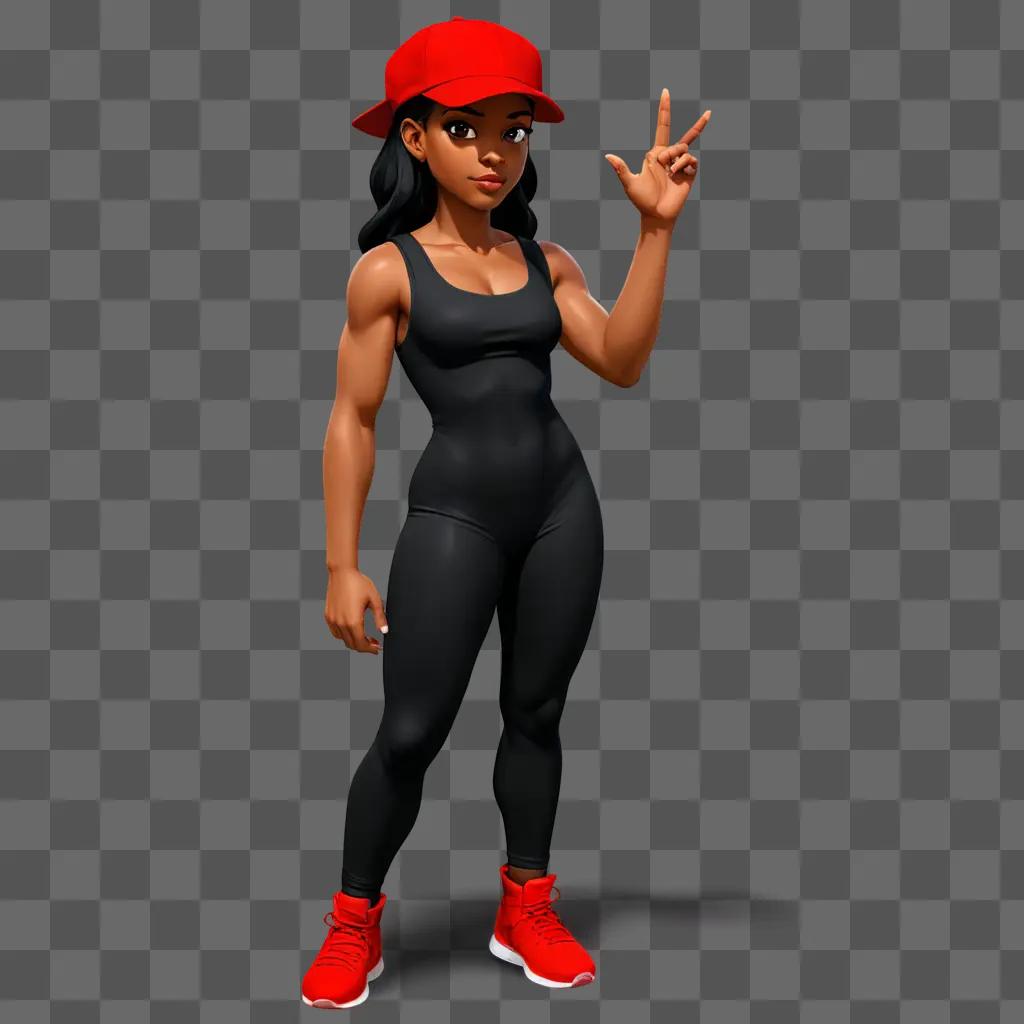 black cartoon girl A girl in a red cap and black outfit poses with a peace sign