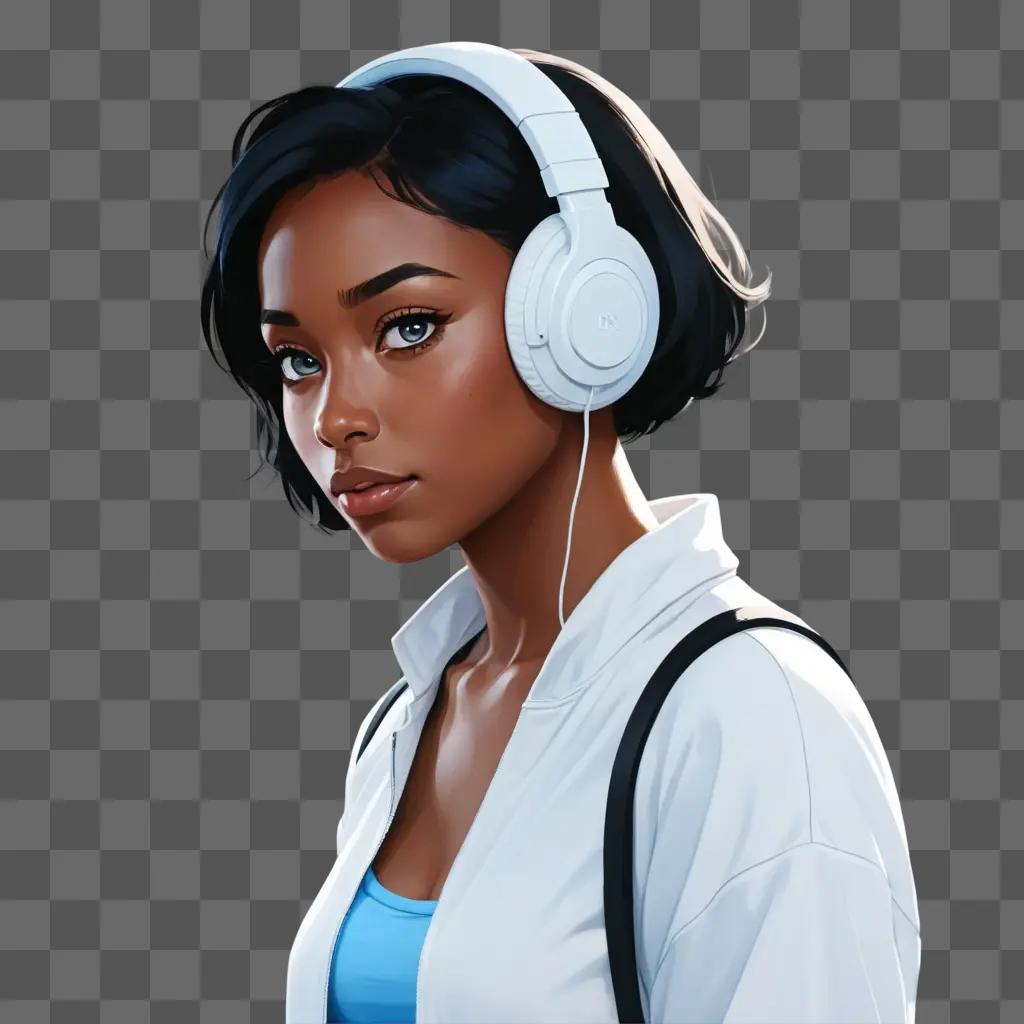 black cartoon girl A girl in a white shirt and blue tank top with headphones