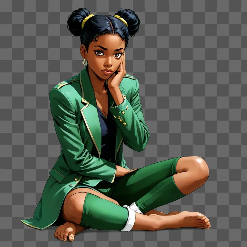 black cartoon girl A girl wearing a green jacket and pants sits on the ground