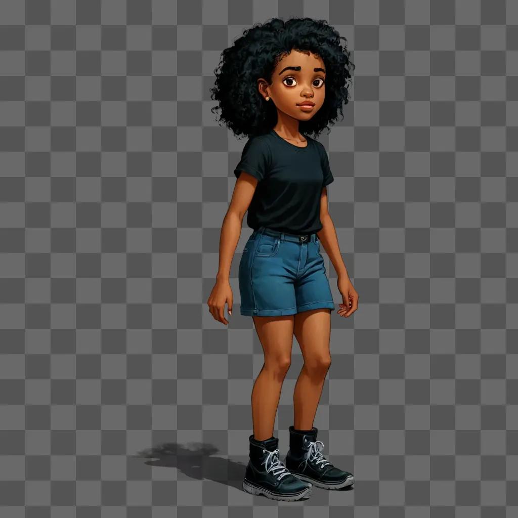 black cartoon girl A young girl stands in the dark with a black shirt and blue shorts