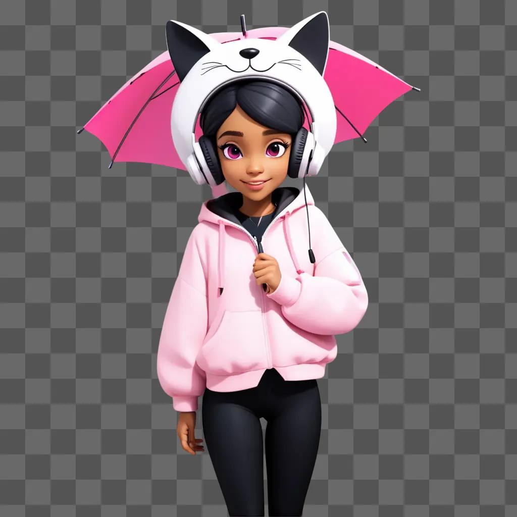 black cartoon girl with a pink jacket and cat hat holds a pink umbrella