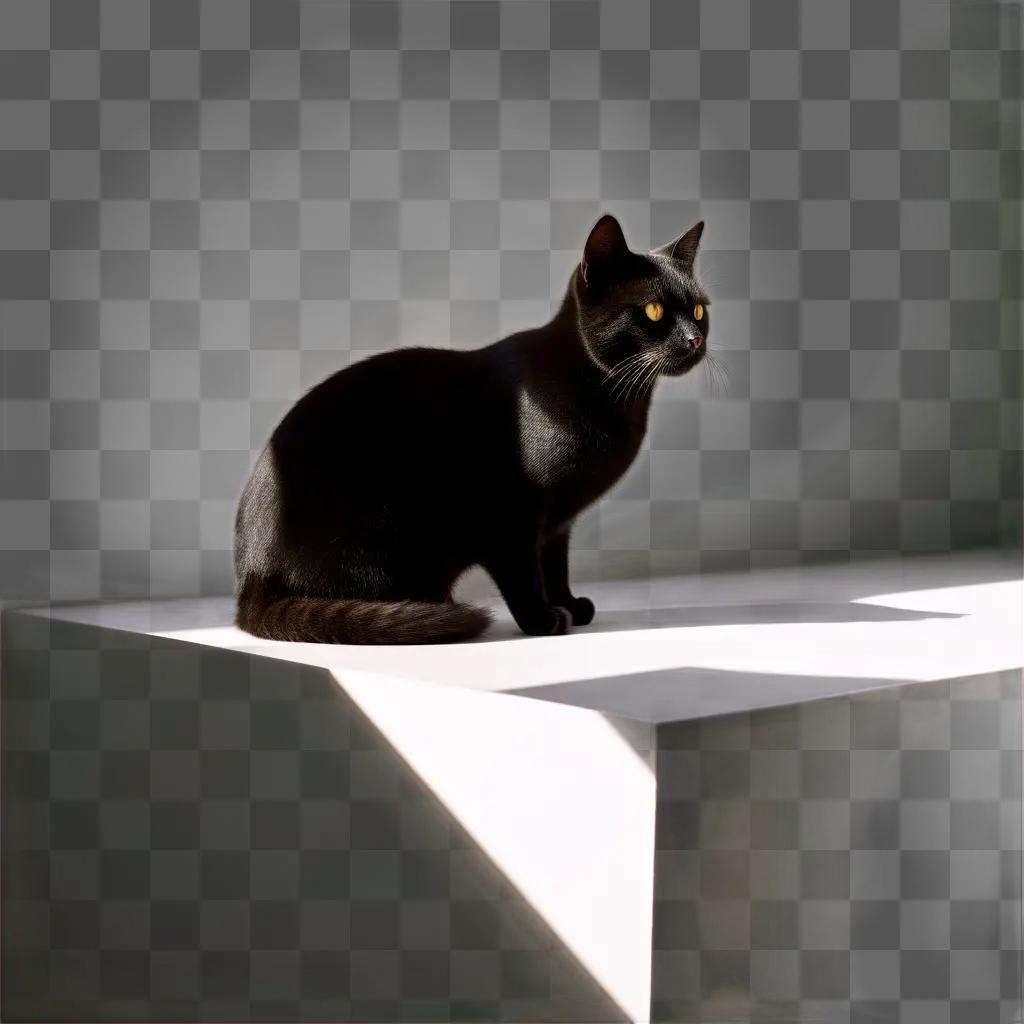 black cat sits on a white surface