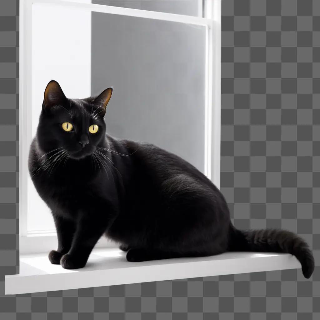 black cat sits on a window ledge