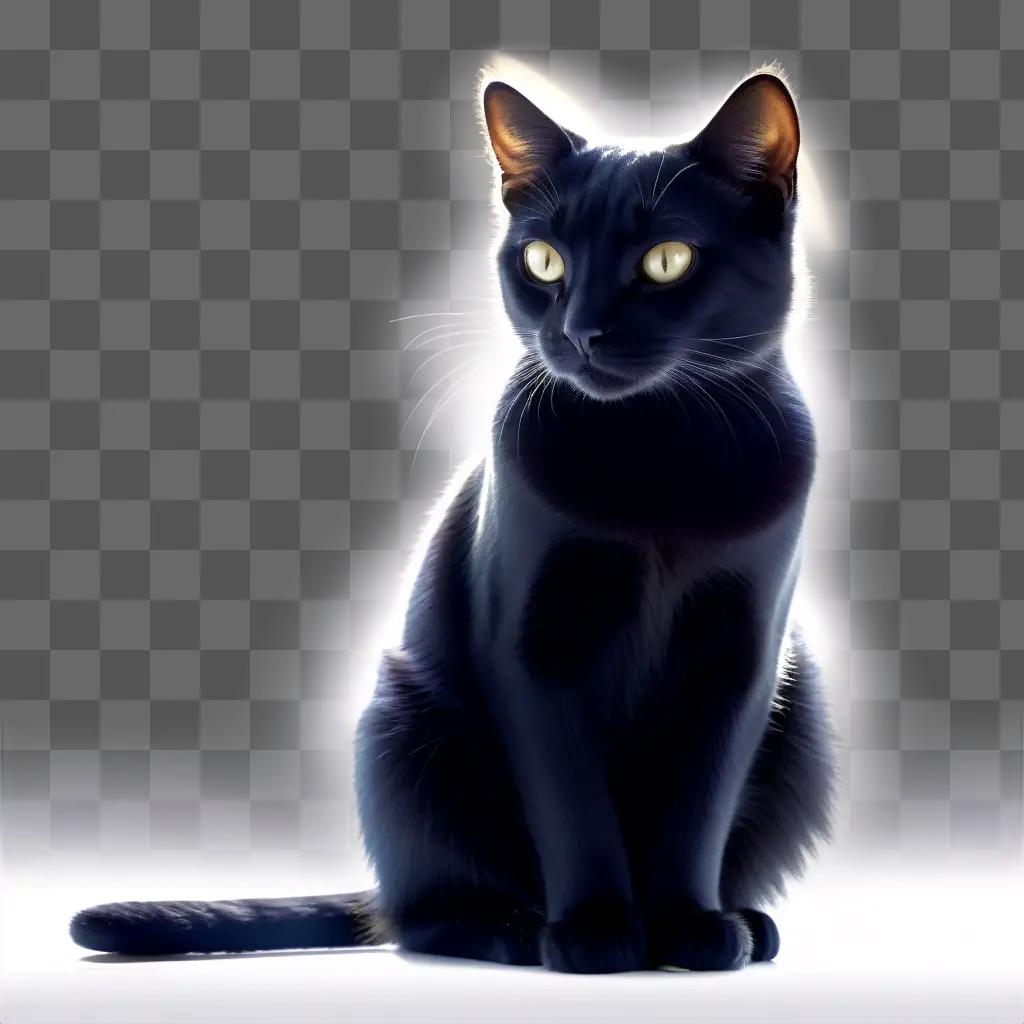 black cat sitting in a lighted room