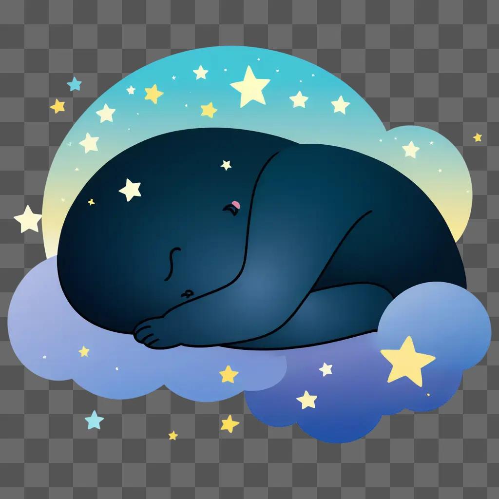 black cat sleeping on a cloud with stars