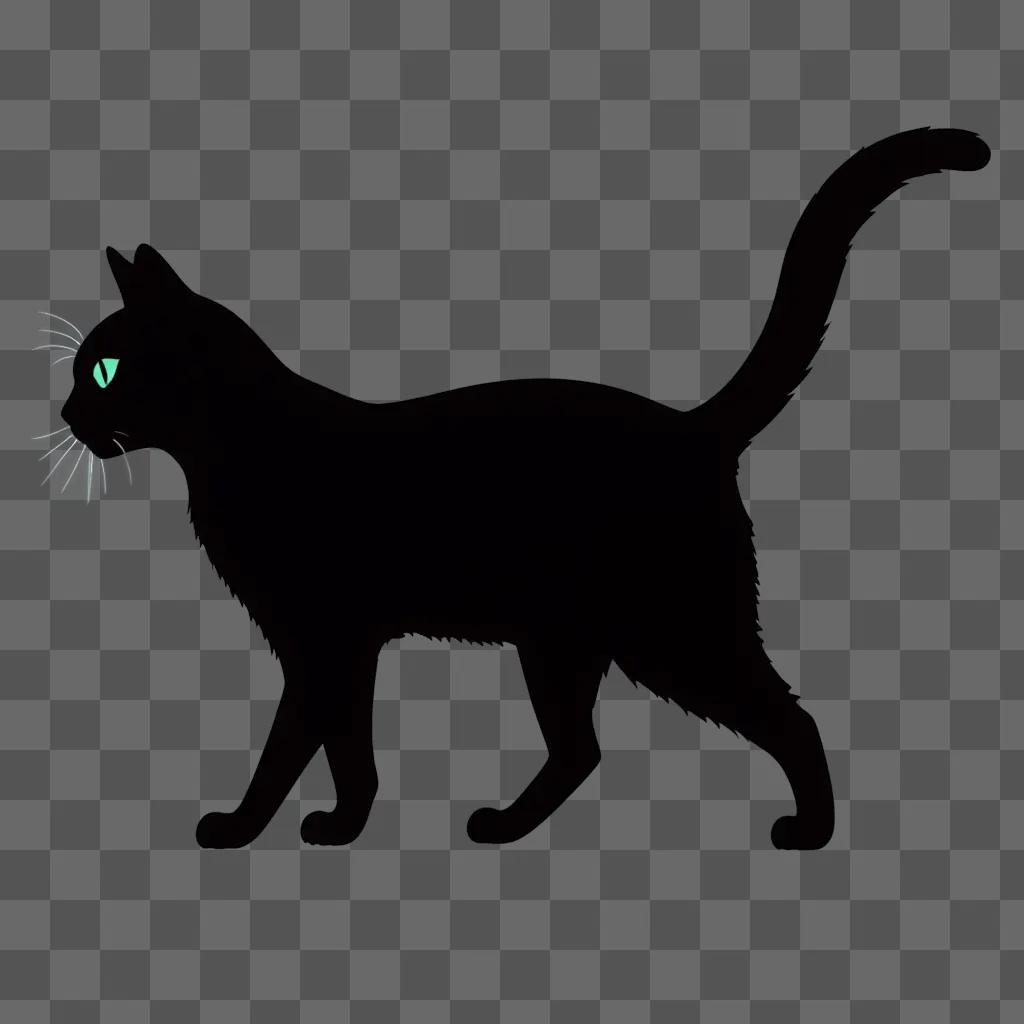 black cat with glowing green eyes is silhouetted against a black background