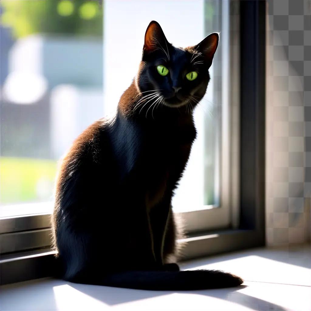 black cat with glowing green eyes sitting on a window sill