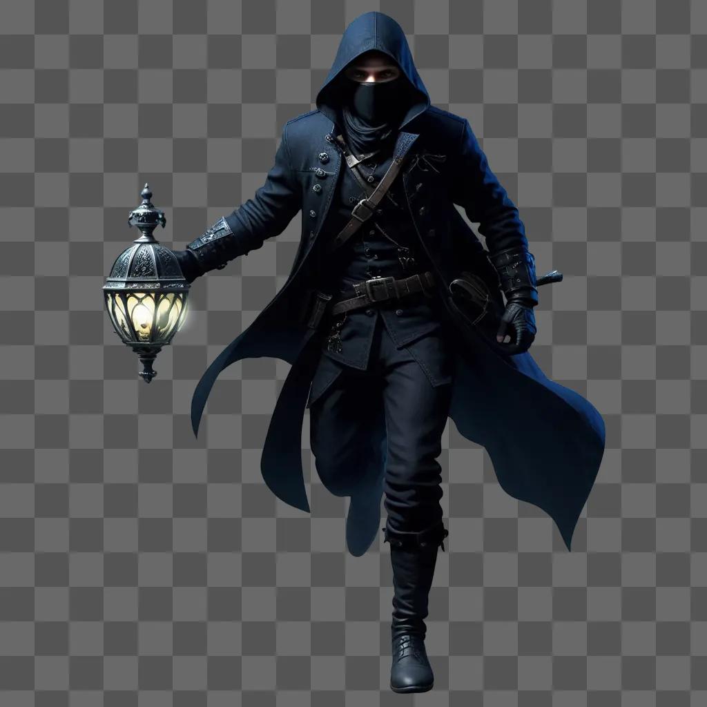 black-clad thief holds a lantern