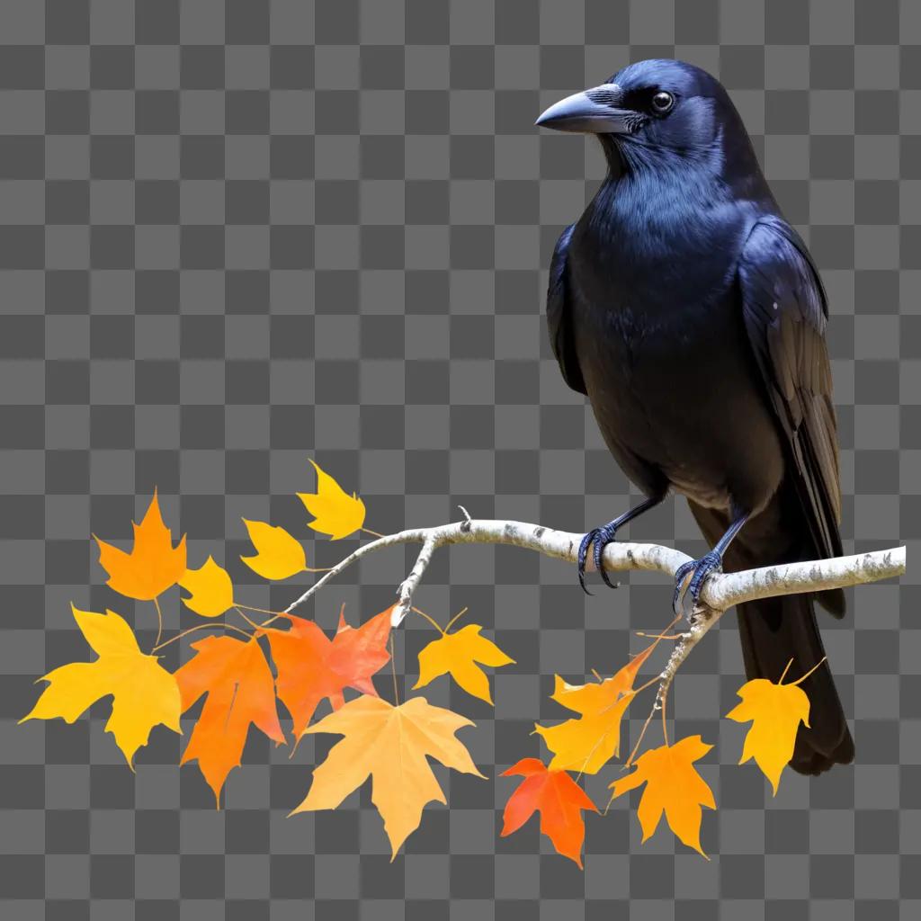 black crow perches on a branch with orange leaves