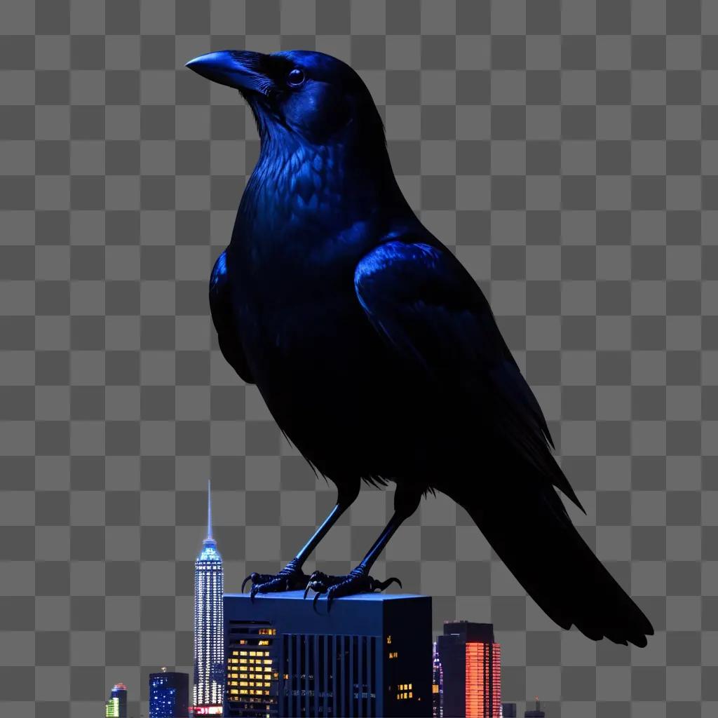 black crow sits on a building in a city