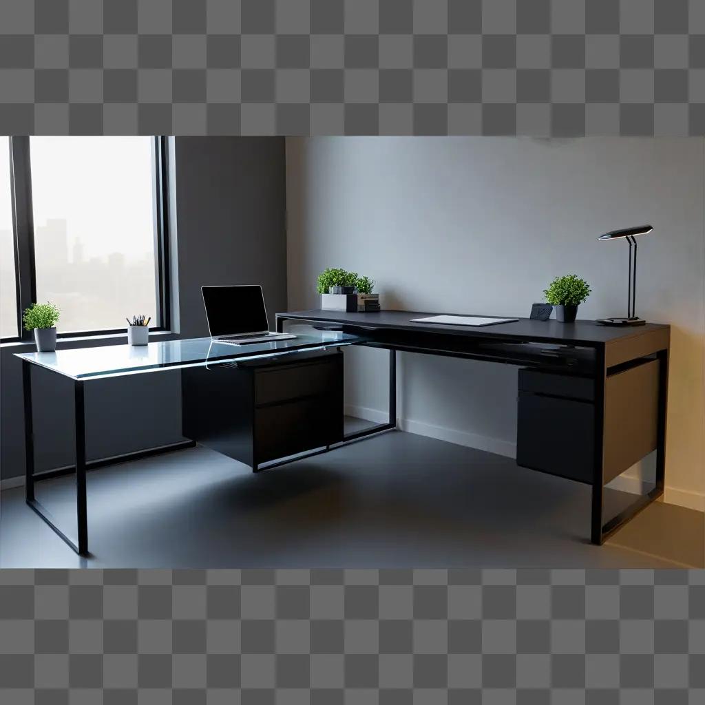 black desk with a lamp and a potted plant