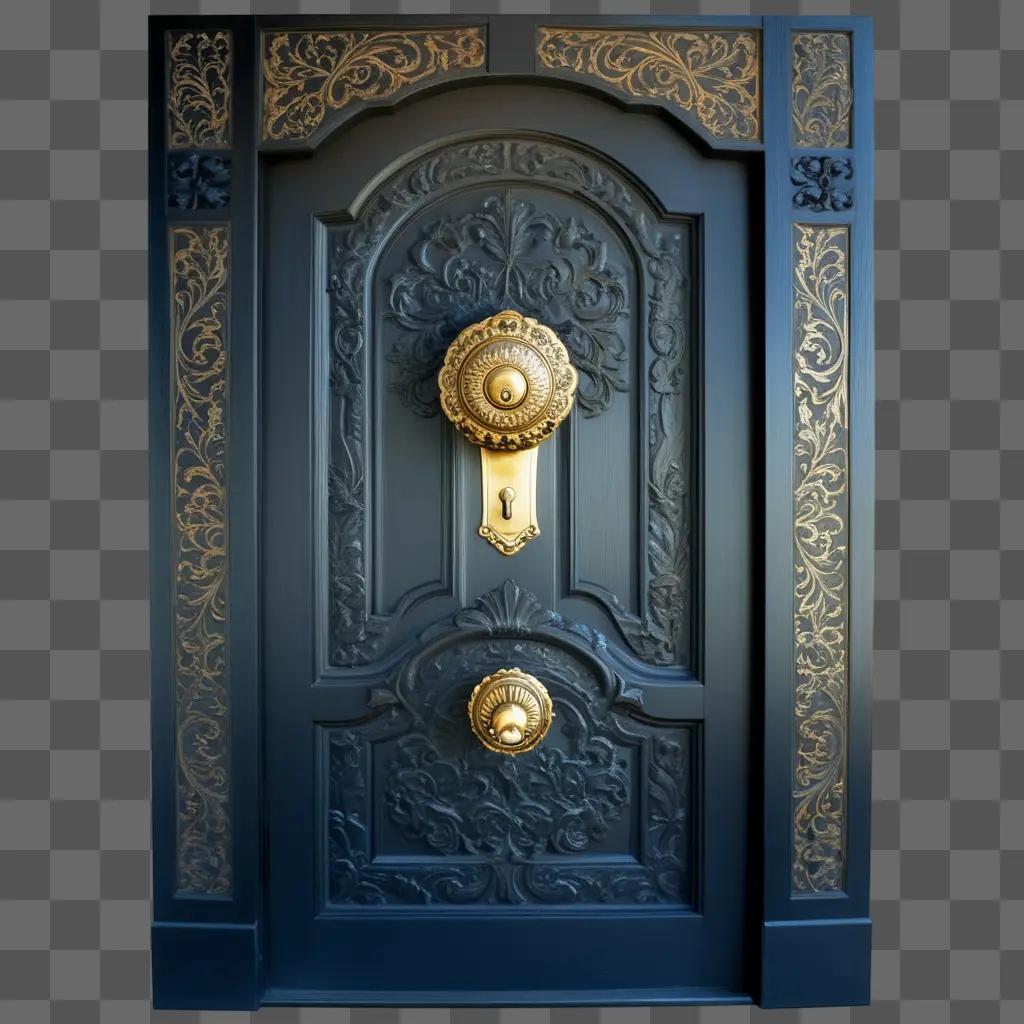 black door with gold accents and a gold doorknob