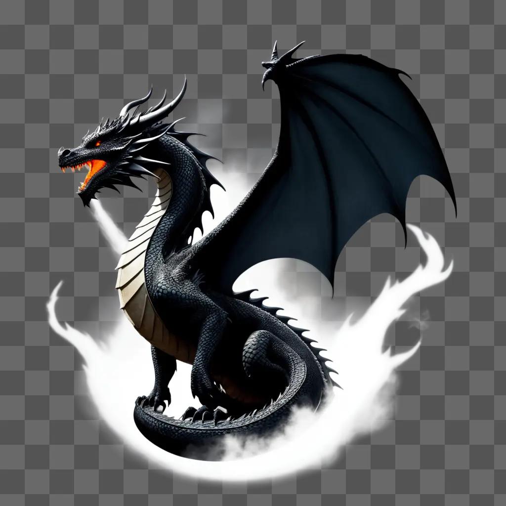 black dragon with wings and a fire tail