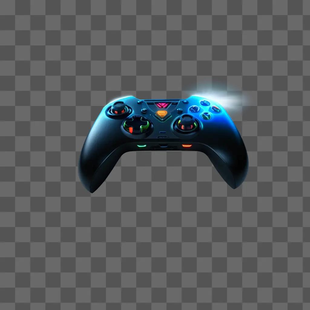 black gaming controller sits on a blue surface