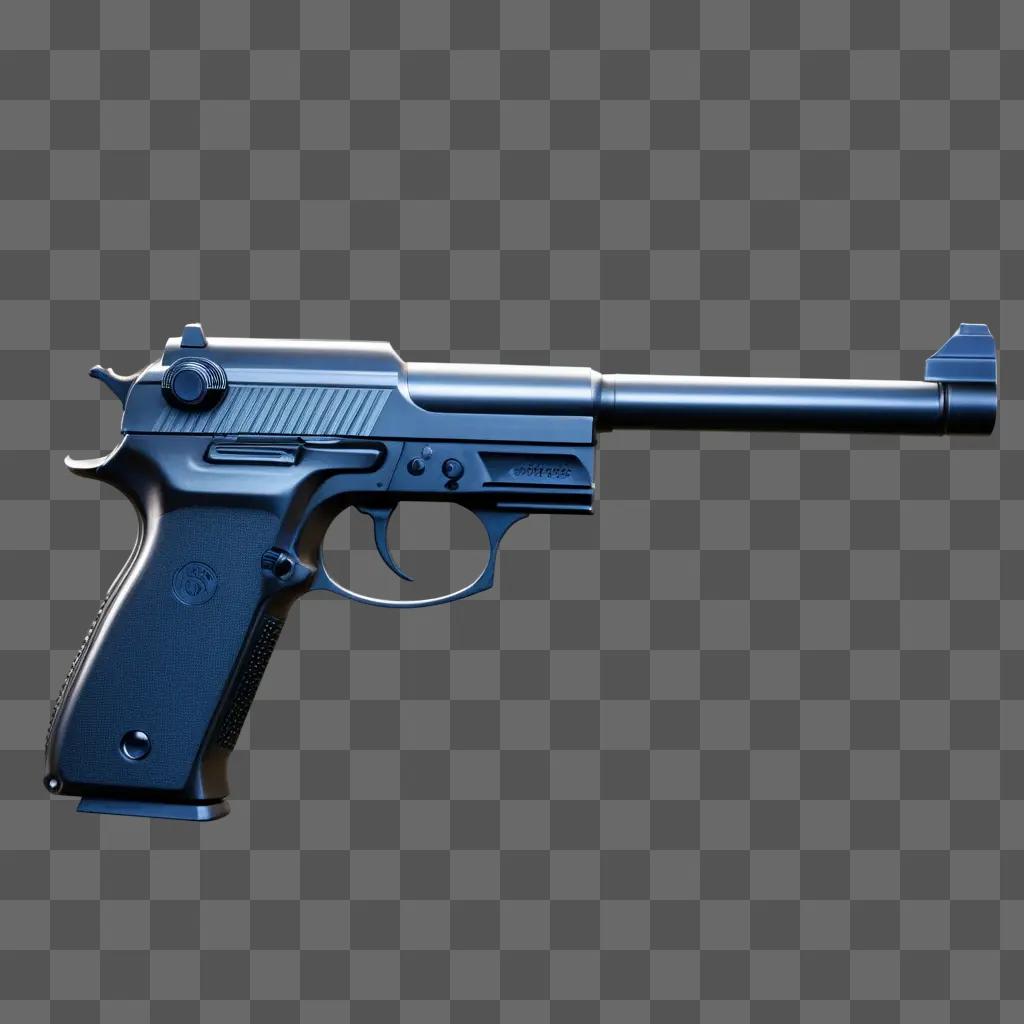 black gun sits on a blue background