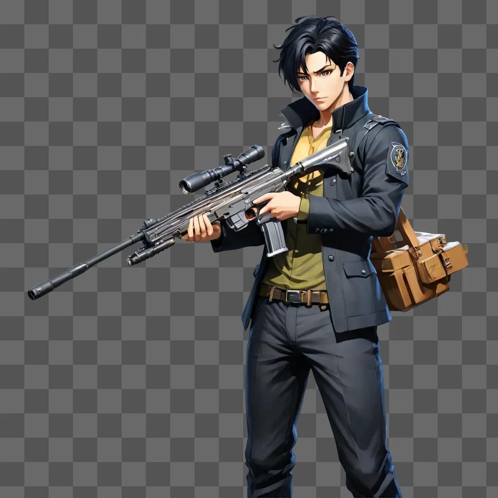 black haired anime boy A man holds a gun and a box in the image