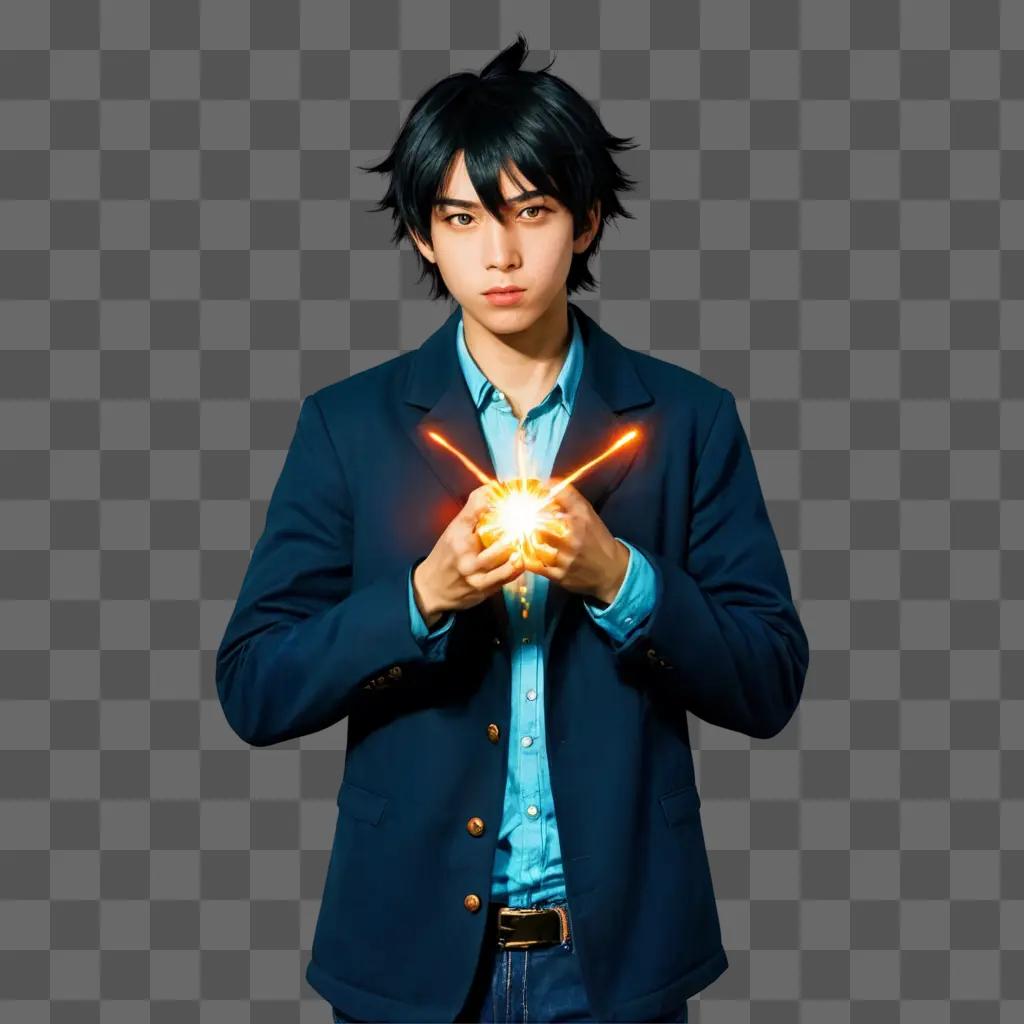 black haired anime boy A man in a blue jacket holding a glowing object