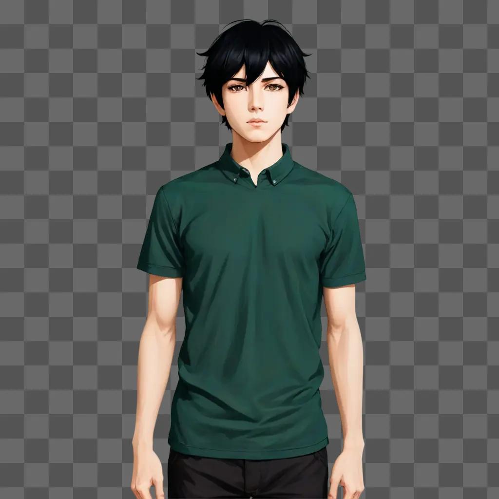 black haired anime boy A man wearing a green shirt and black pants