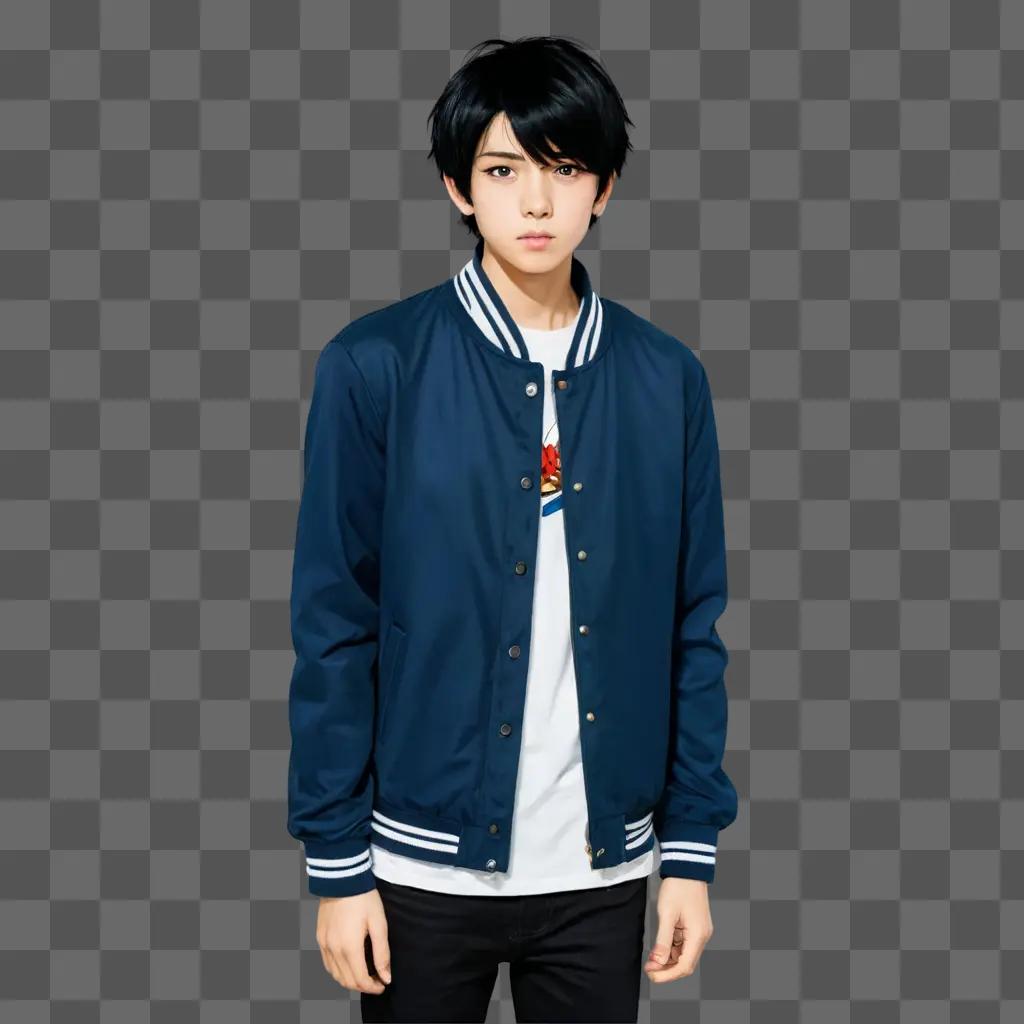 black haired anime boy A young Asian boy wearing a blue jacket