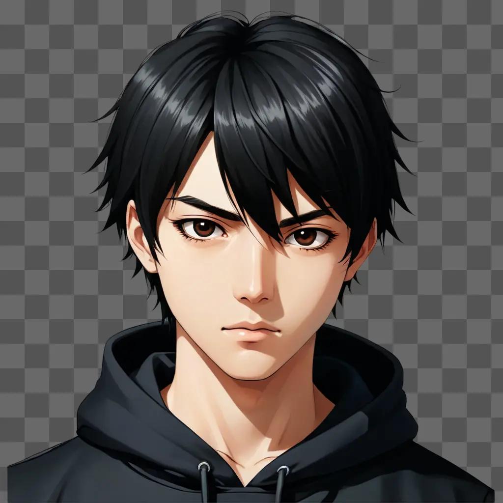 black haired anime boy A young boy in a black hoodie with a serious expression