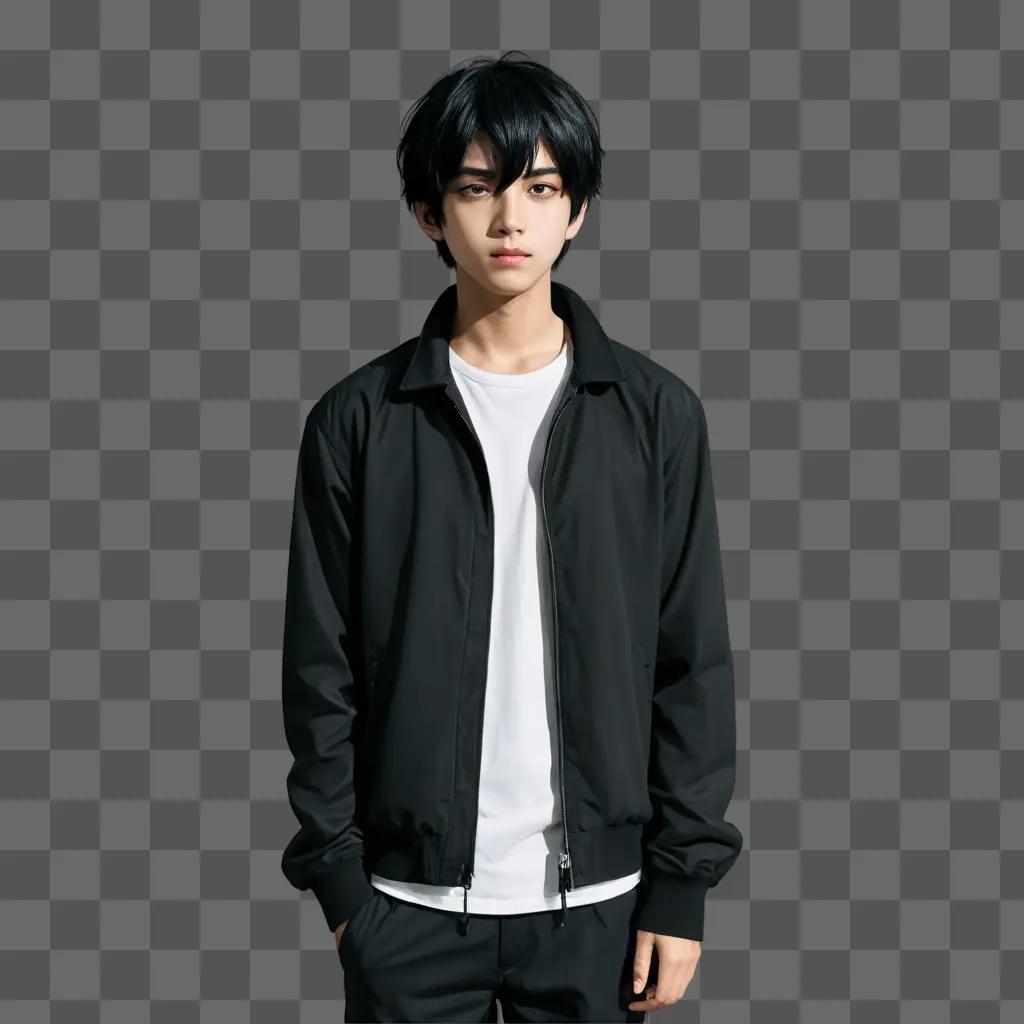 black haired anime boy A young man in a black jacket and white shirt