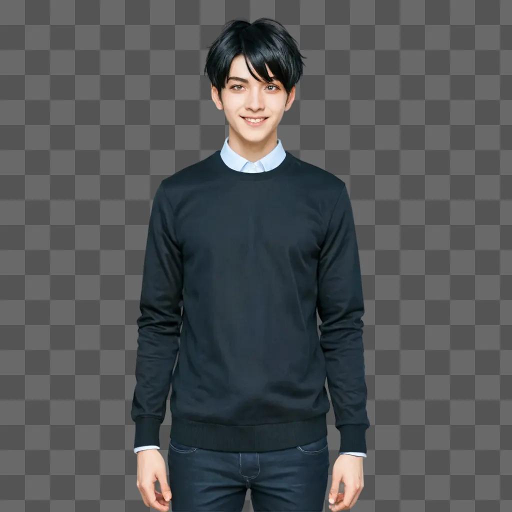 black haired anime boy A young man in a dark sweater and blue shirt