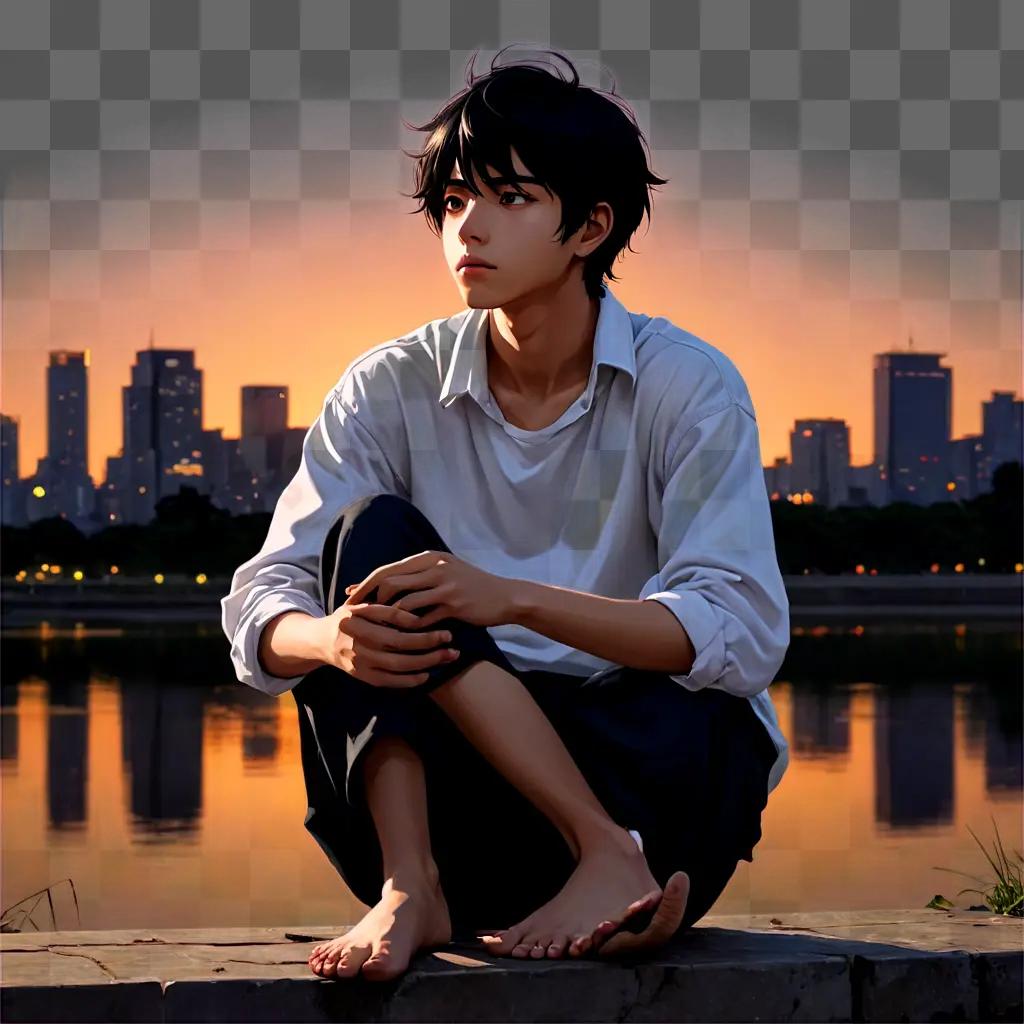 black haired anime boy A young man sits by the water in an urban setting