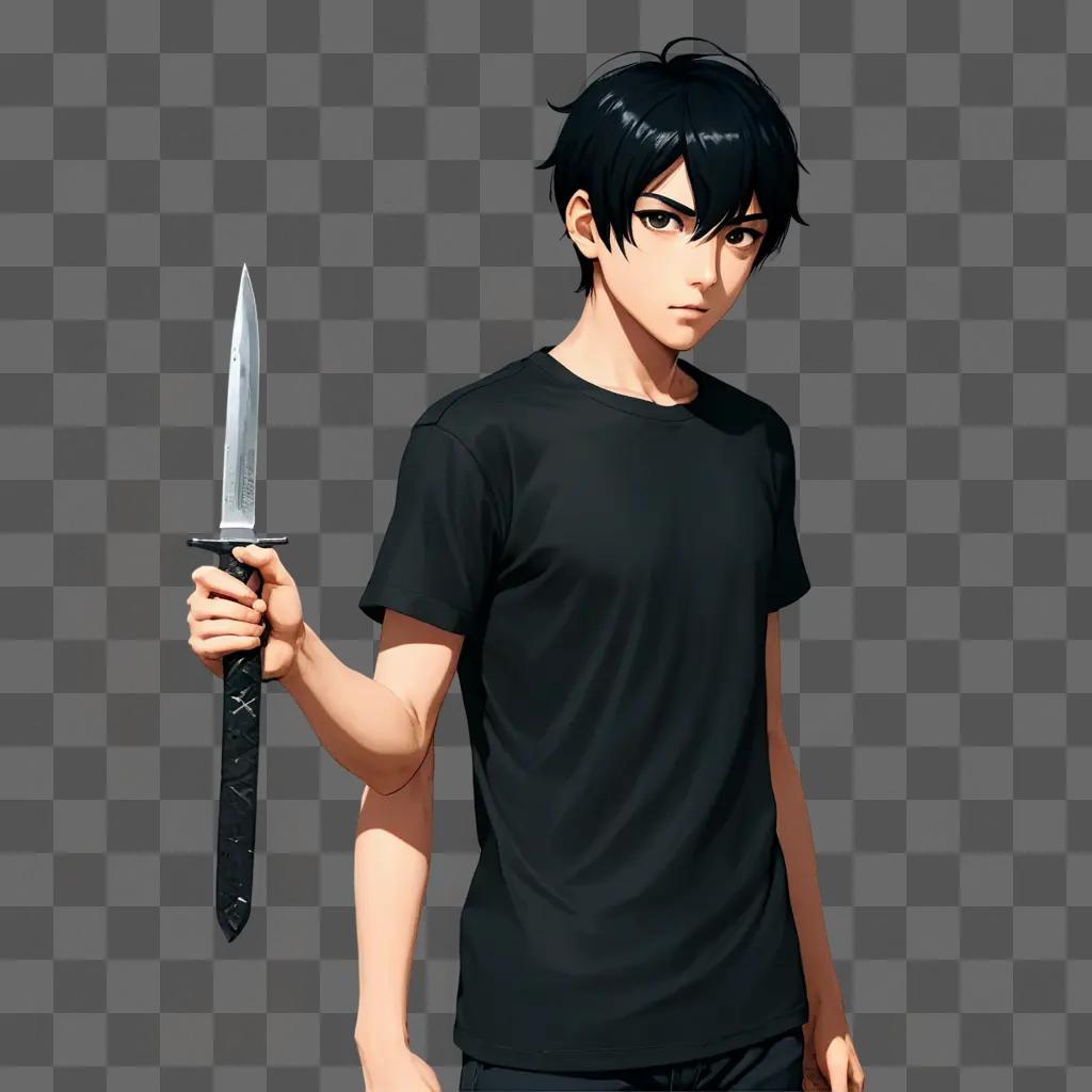 black haired anime boy An anime boy holding a sword in a black t-shirt