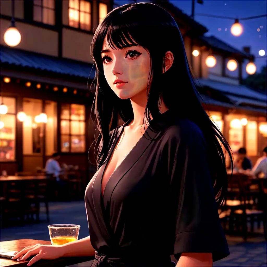 black haired anime girl A girl in a black dress at an outdoor restaurant