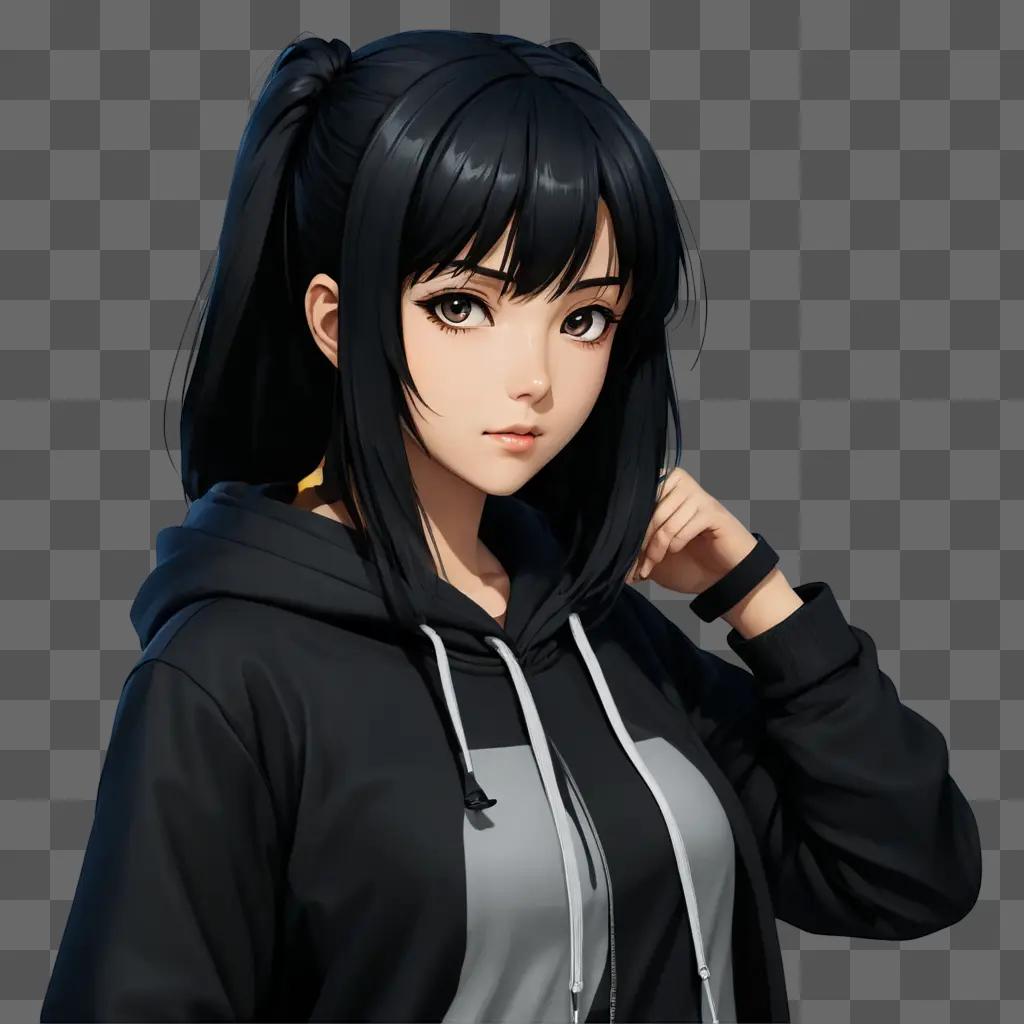 black haired anime girl A girl in a black hoodie posing for a picture