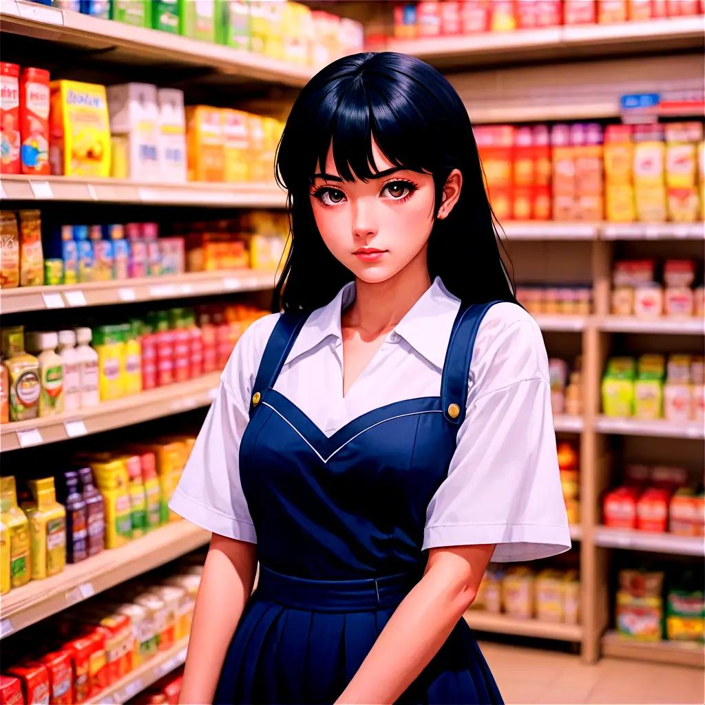 black haired anime girl A girl in a blue dress stands in a supermarket