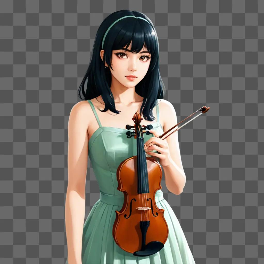 black haired anime girl A girl in a green dress plays the violin